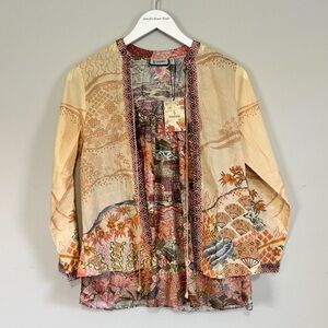 New SAUNDH Women’s Double Layered Asian Print Blouse Top Tunic Viscose Size S